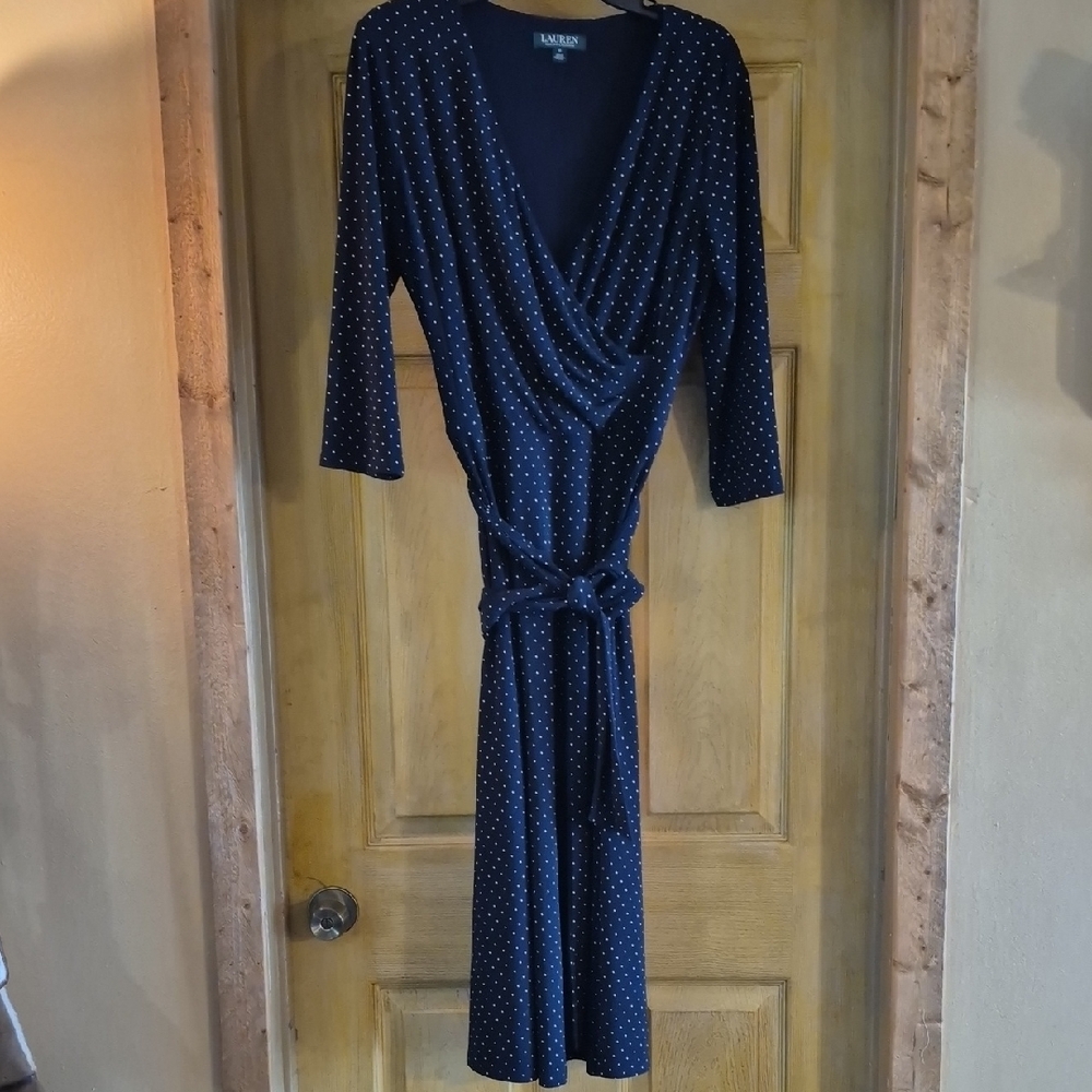 Lauren Ralph Lauren Navy White Dots Wrap Midi Dress Size 12 Stretchy 3/4 Sleeve